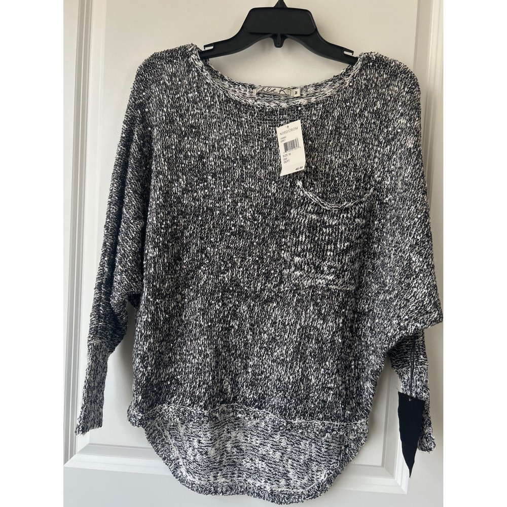 Chloe K Marled Sequined Sweater Dolman Sleeve High Low Grey White NWT Medium